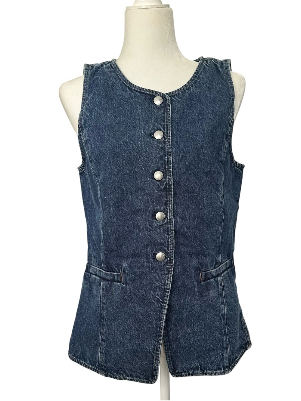 Madewell blue denim longer length 70’s style fitted waistcoat gilet size 6